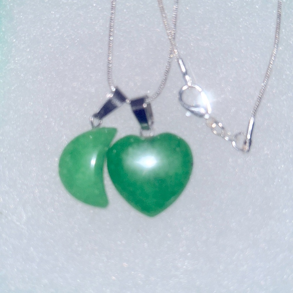 Jade Crystal Heart ❤️ and Jade moon sterling silver 16” necklace